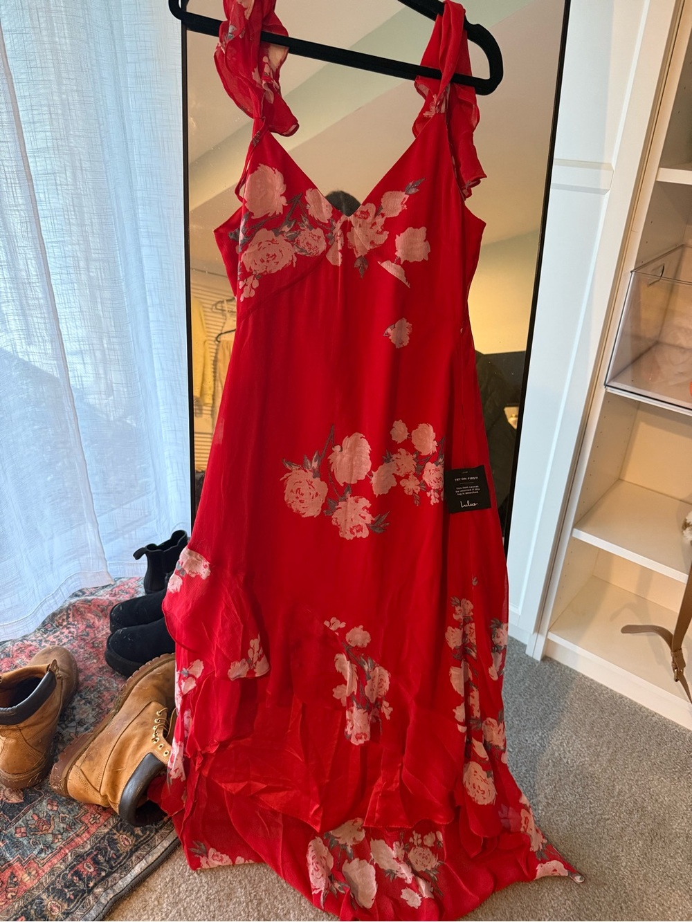 Lulu's Red Floral Slip Dress with Soft Pink Blooms